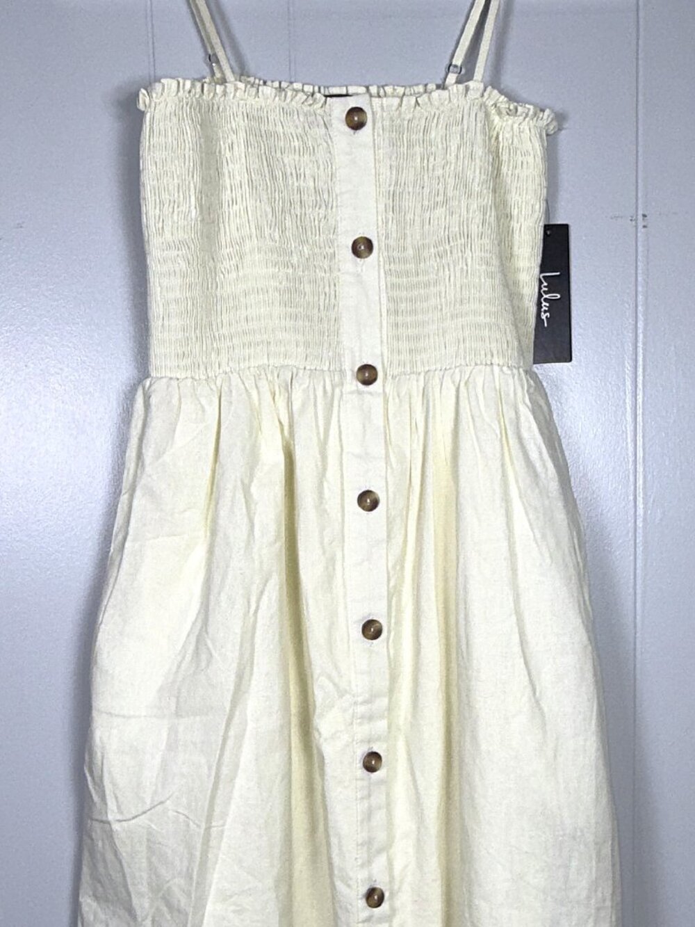 Lulus Made To Love Cream Smocked Sleeveless Button-Front Midi Sun Dress XS NWT